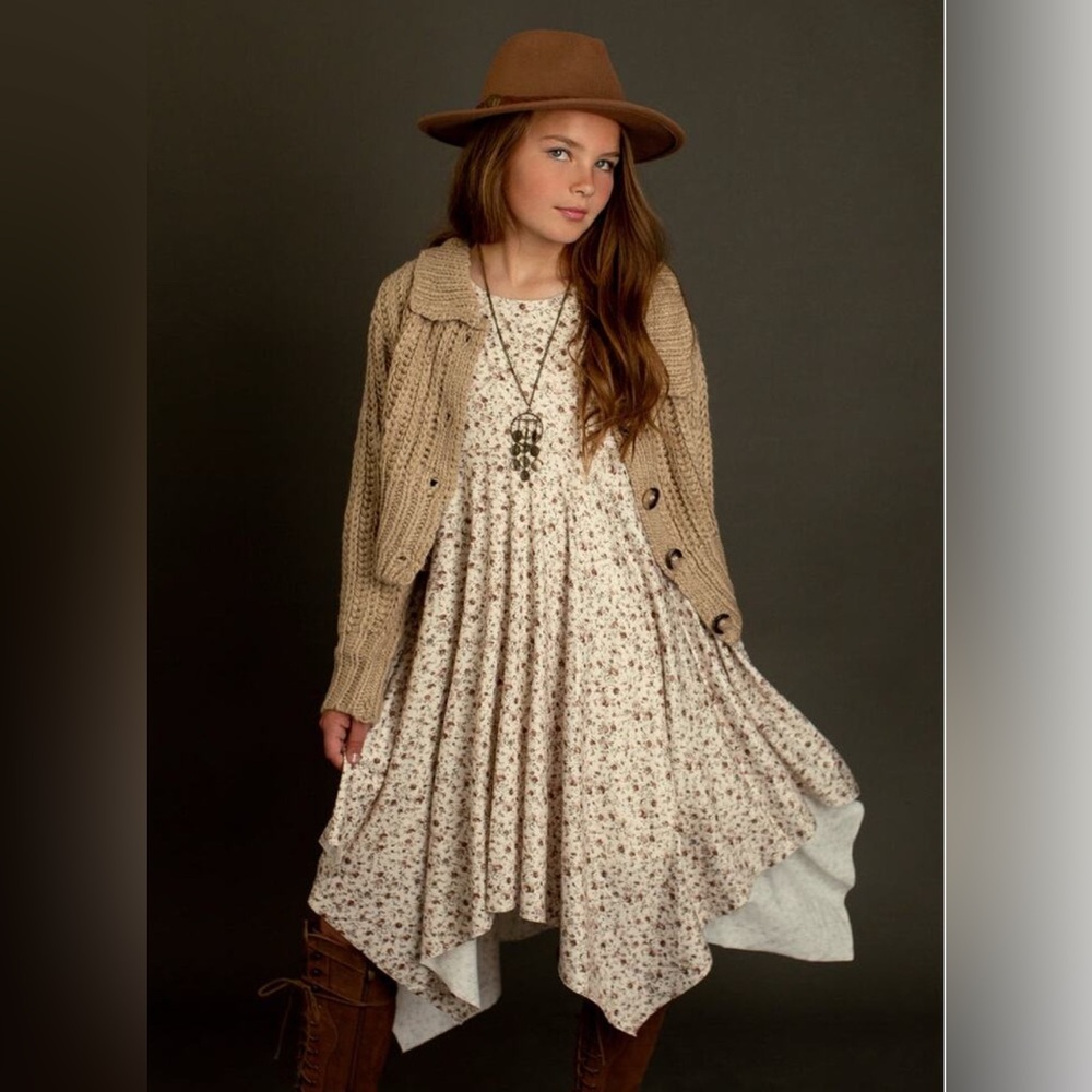 Joyfolie Milana Dress Neutral Mini Floral Boho Ruffle Hem NWT Size 6